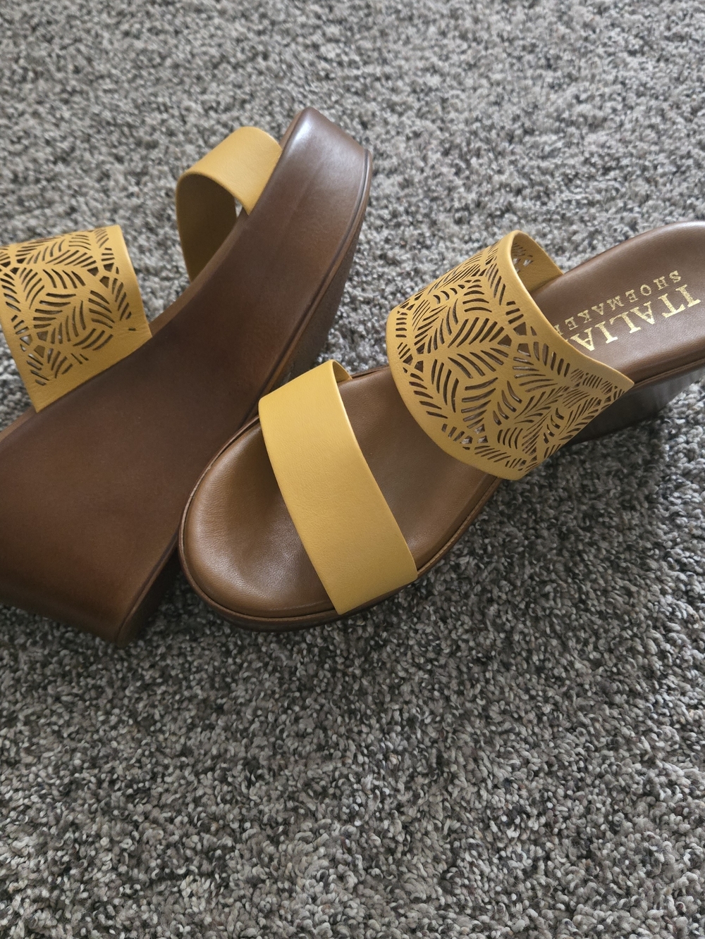 Italian Shoemakers Yellow and Brown Laser-Cut Platform Sandals